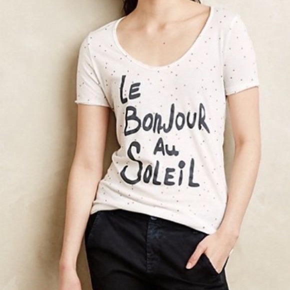 Anthropologie Graphic Le Bonjour Au Soleil soft washed v-neck Tee. - Picture 1 of 3